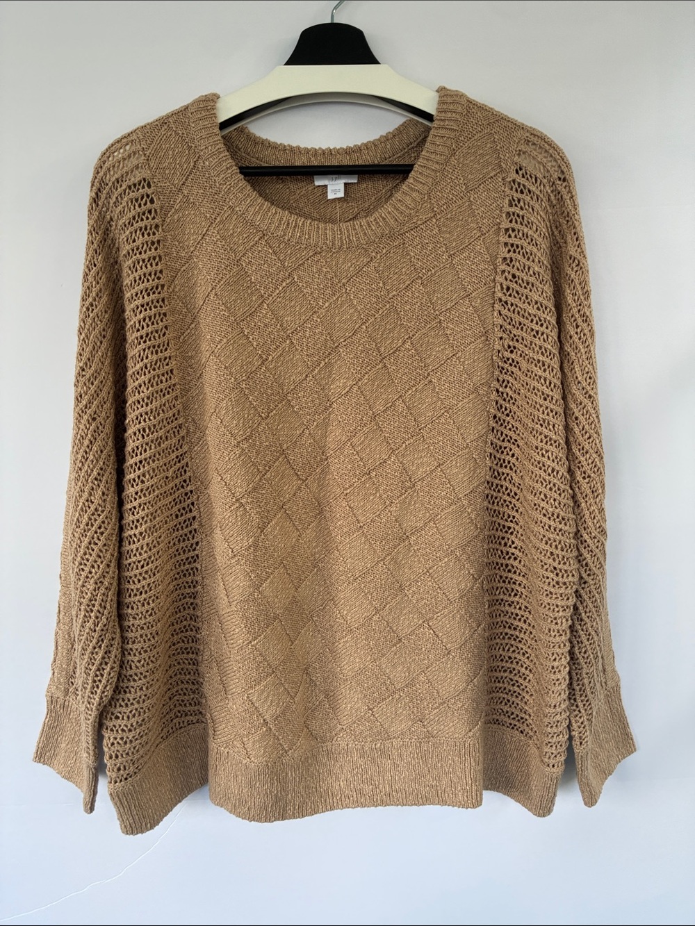 J. Jill Open-Knit Diamond Basketweave Pullover Sweater Cotton Blend Beige XL